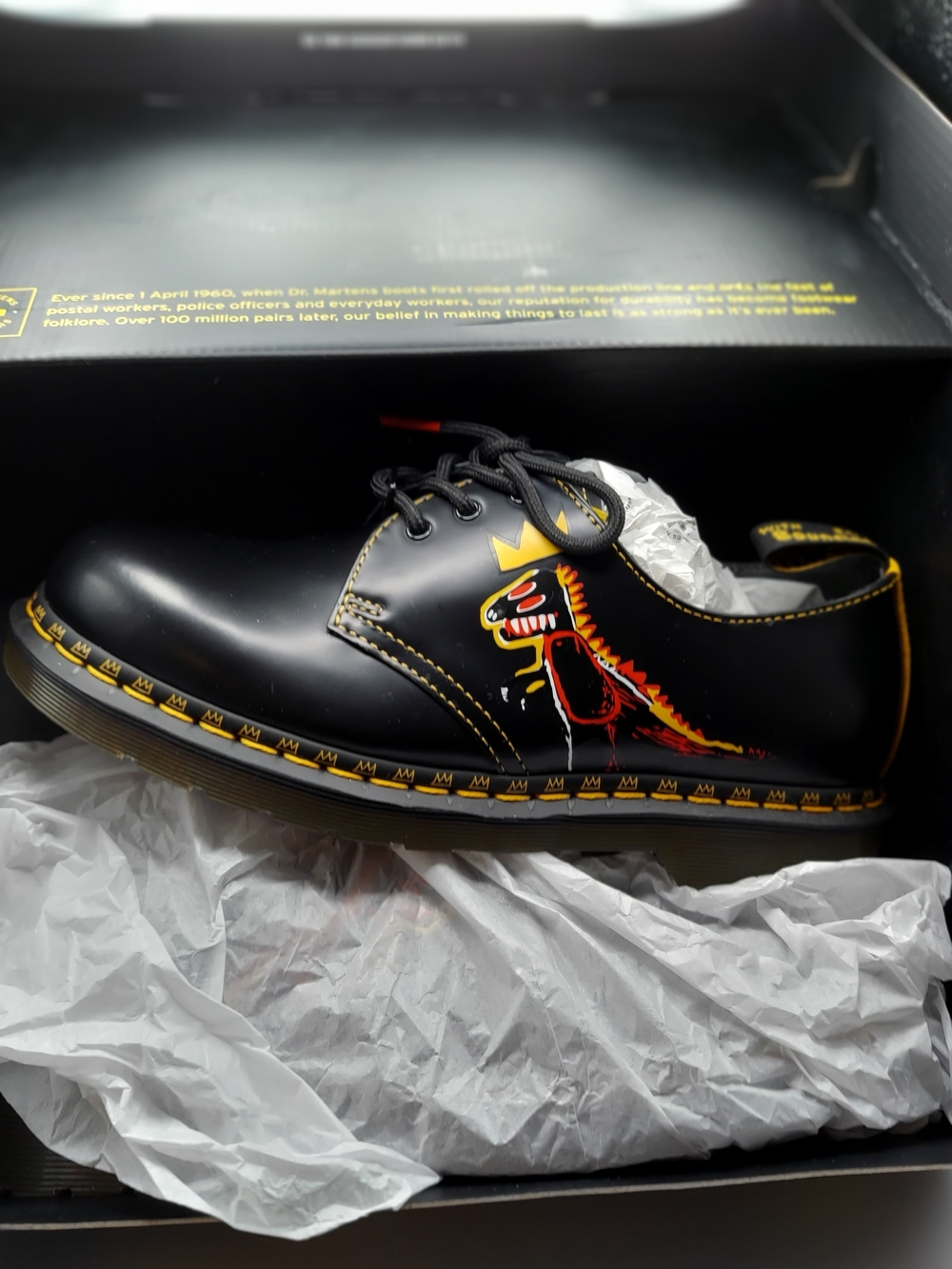 Dr. Martens Black Leather Oxford with Red & Yellow Dino Graphic